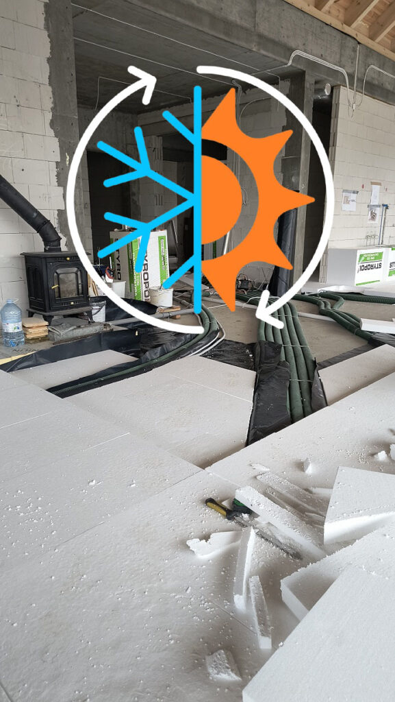 izolacja podłogi atestowaną folią i styropianem 14cm z uwzględnieniem istniejących instalacji rekuperacji i odkurzacza centralnego